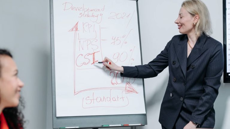 Professional woman delivering a business presentation on market strategy metrics indoors.